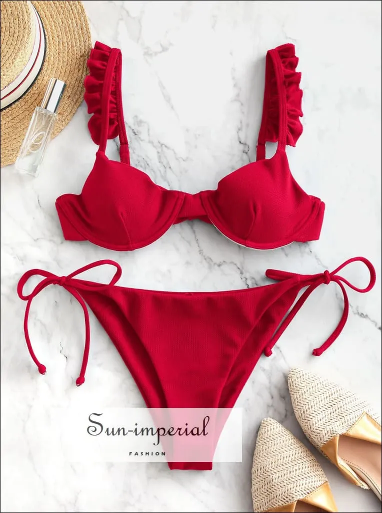 Frilled Textured Tie Underwire Bikini Swimsuit Low Waisted Elastic Tie side Bikini Push Up- Lava Red