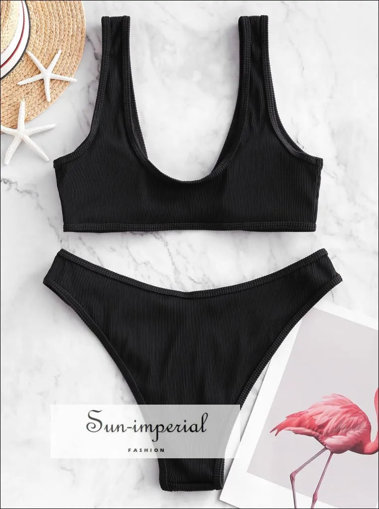 Front Closure Textured Ribbed High Cut Bikini Sets Swimsuit