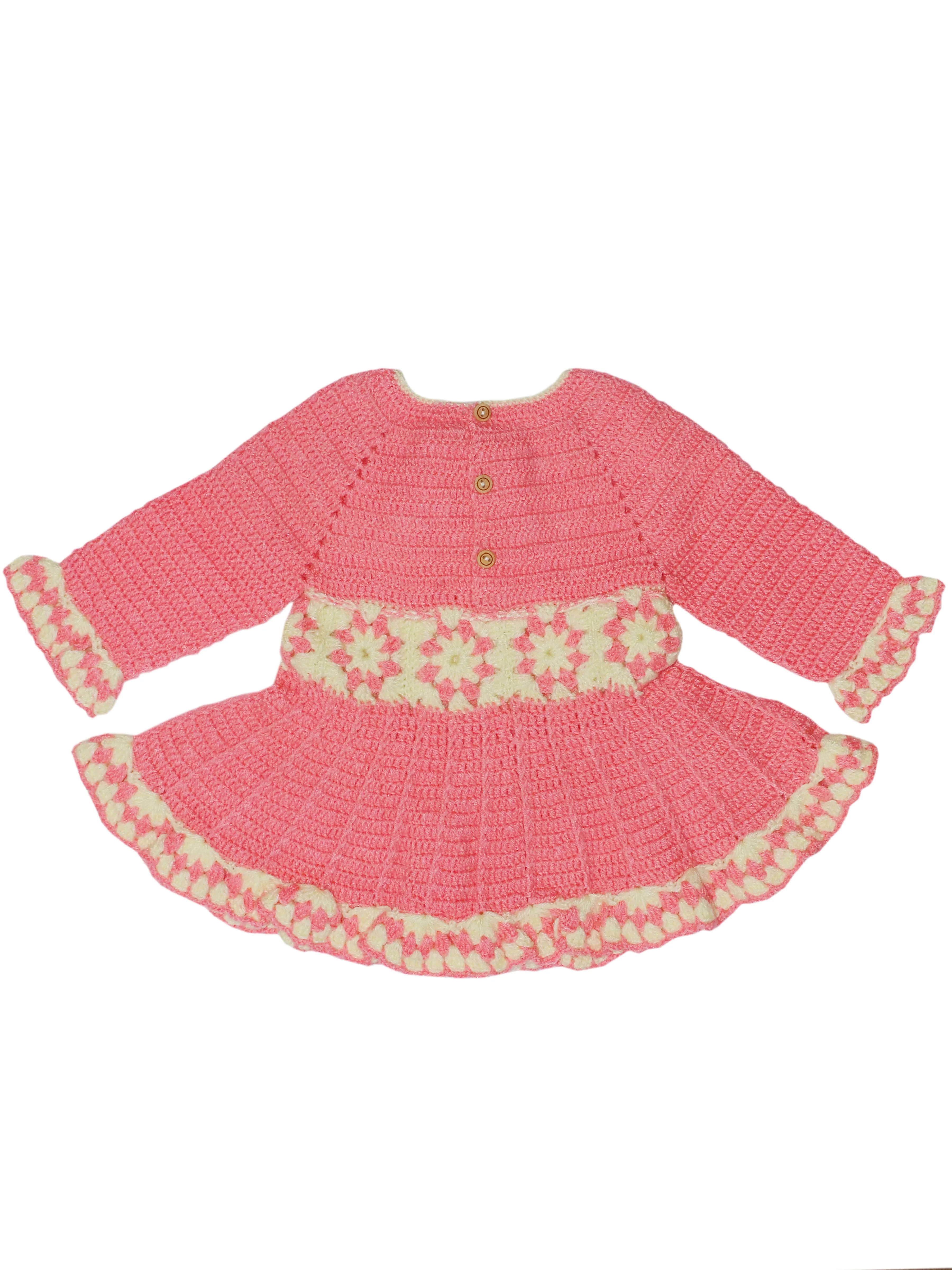 Full Sleeve Crochet Design Graminarts Elegant Frock For Baby Girl With Cap- Plumeria & Cream