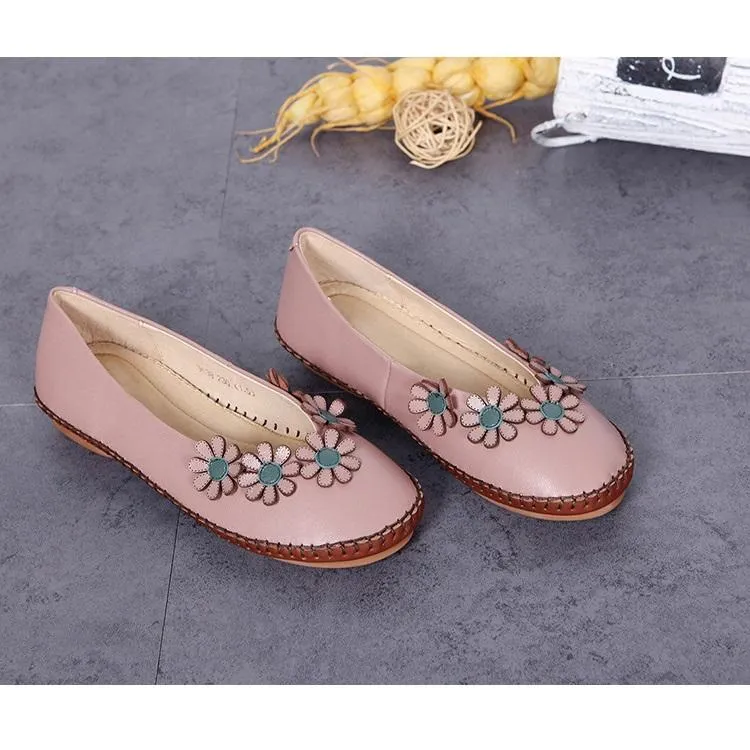 Handmade Leather Flat Loafer Shoes with Flowers for Women