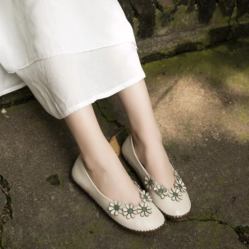 Handmade Leather Flat Loafer Shoes with Flowers for Women