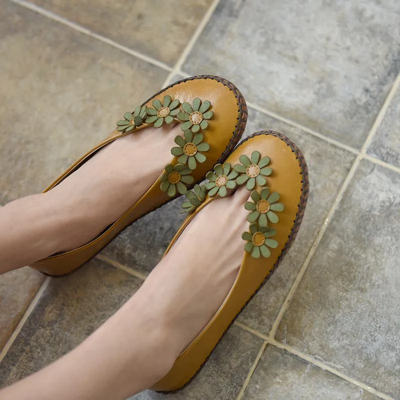 Handmade Leather Flat Loafer Shoes with Flowers for Women