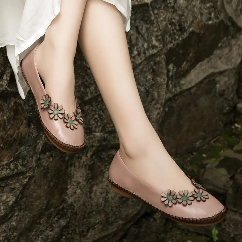 Handmade Leather Flat Loafer Shoes with Flowers for Women