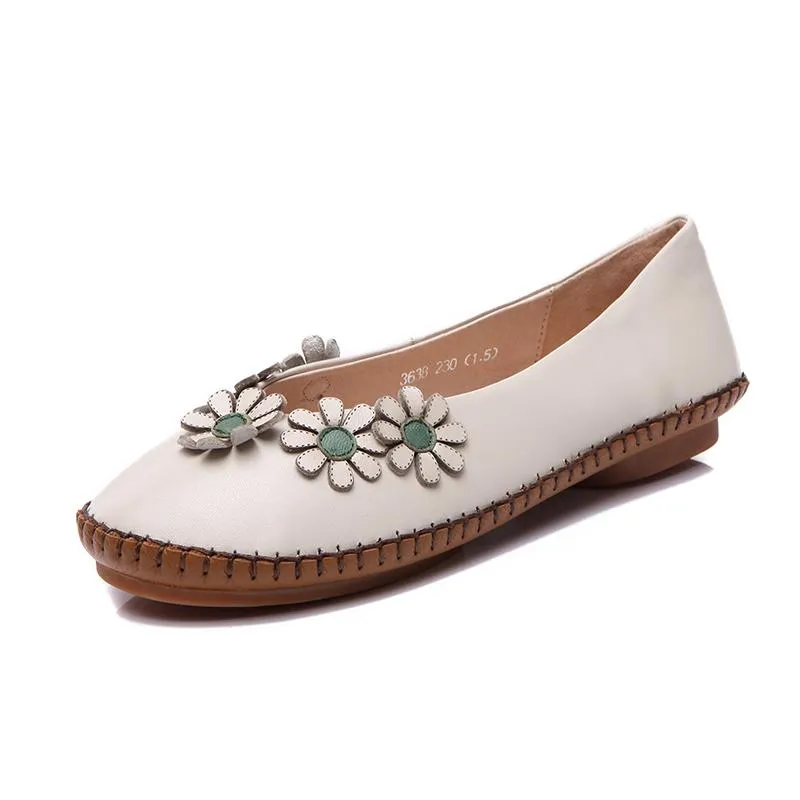 Handmade Leather Flat Loafer Shoes with Flowers for Women