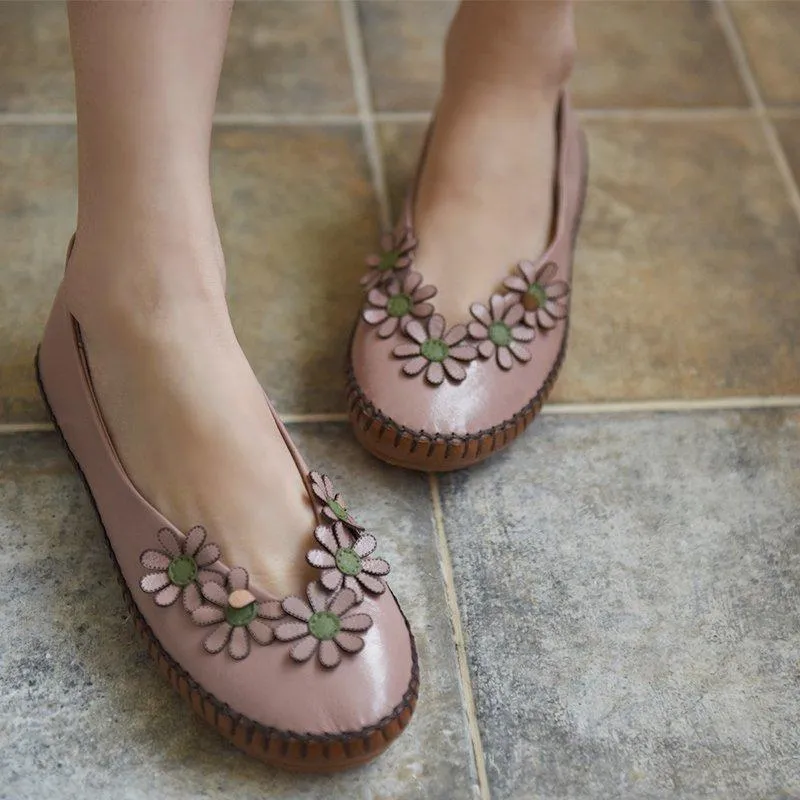 Handmade Leather Flat Loafer Shoes with Flowers for Women