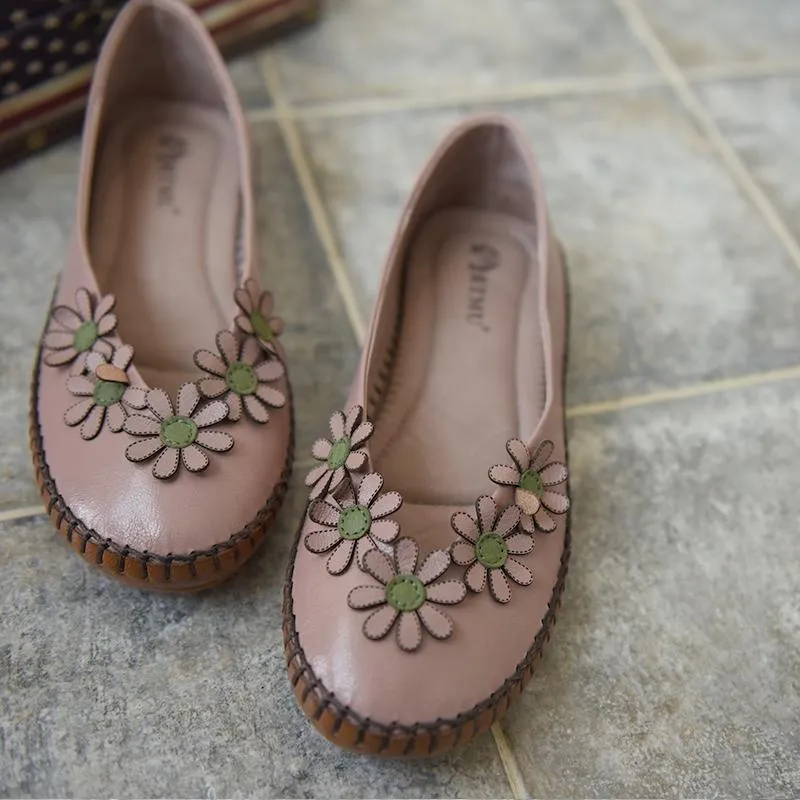 Handmade Leather Flat Loafer Shoes with Flowers for Women