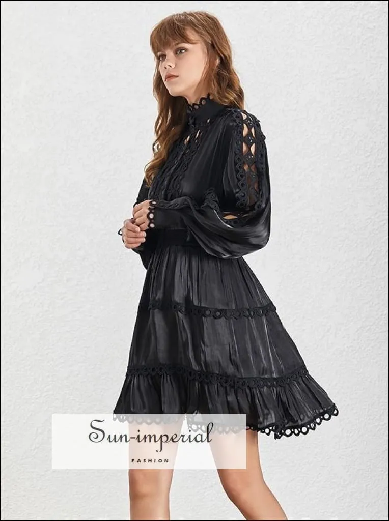 Hanna Dress -vintage Black Elegant Dress Lantern Long Sleeve Lace Women's Mini Dress