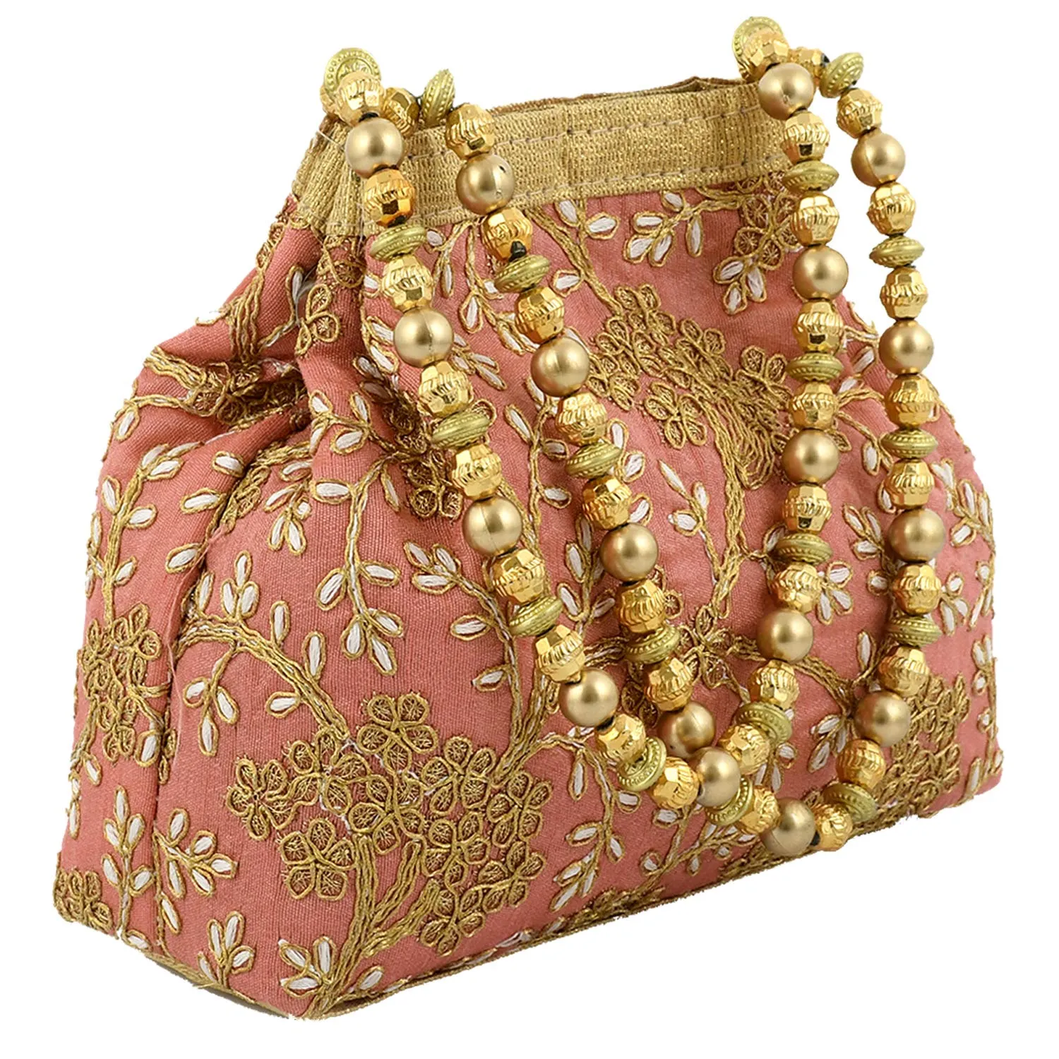 Heart Home Polyester Embroidered Potli Batwa Pouch Bag for Women (Peach) HEART2869