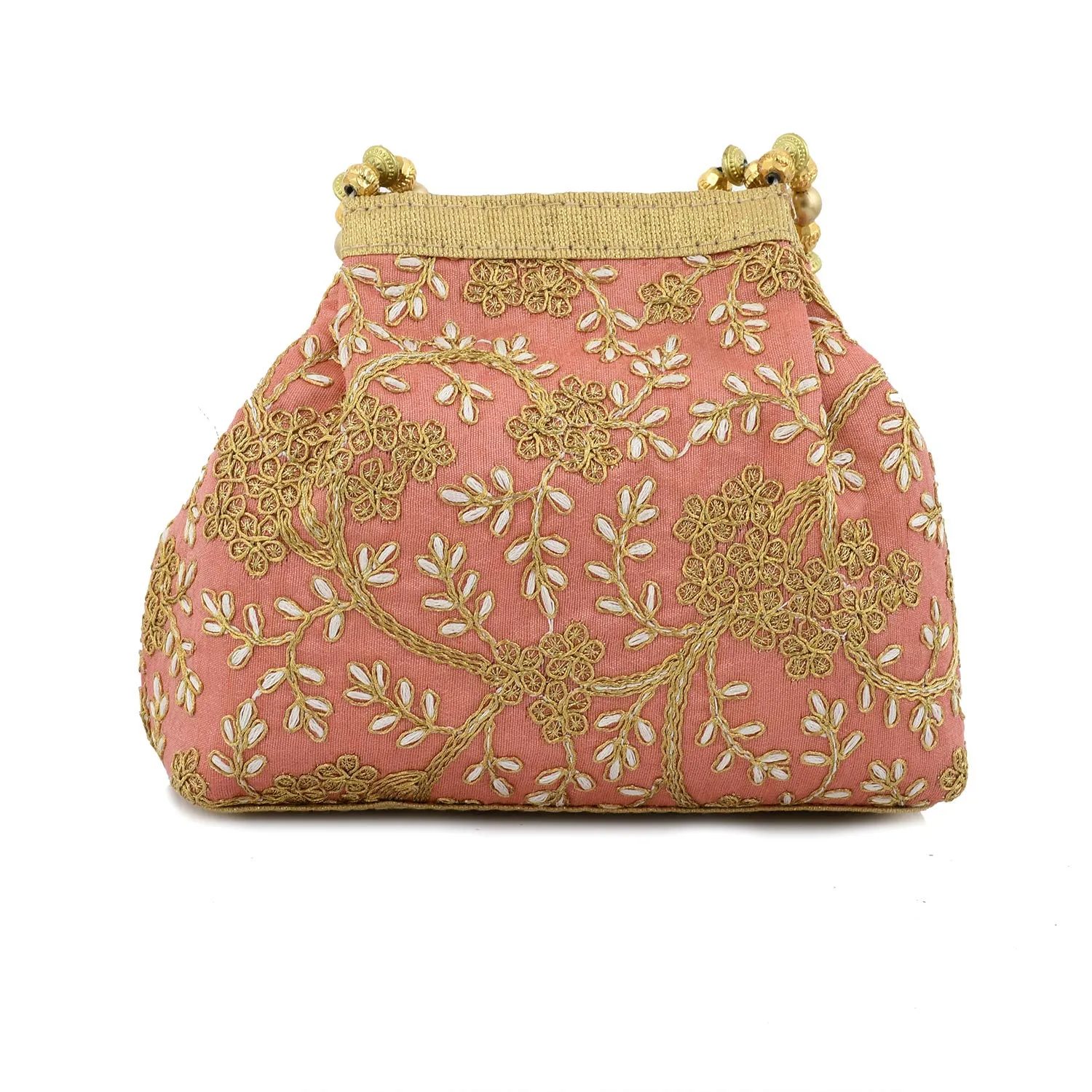 Heart Home Polyester Embroidered Potli Batwa Pouch Bag for Women (Peach) HEART2869