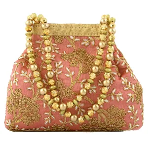 Heart Home Polyester Embroidered Potli Batwa Pouch Bag for Women (Peach) HEART2869