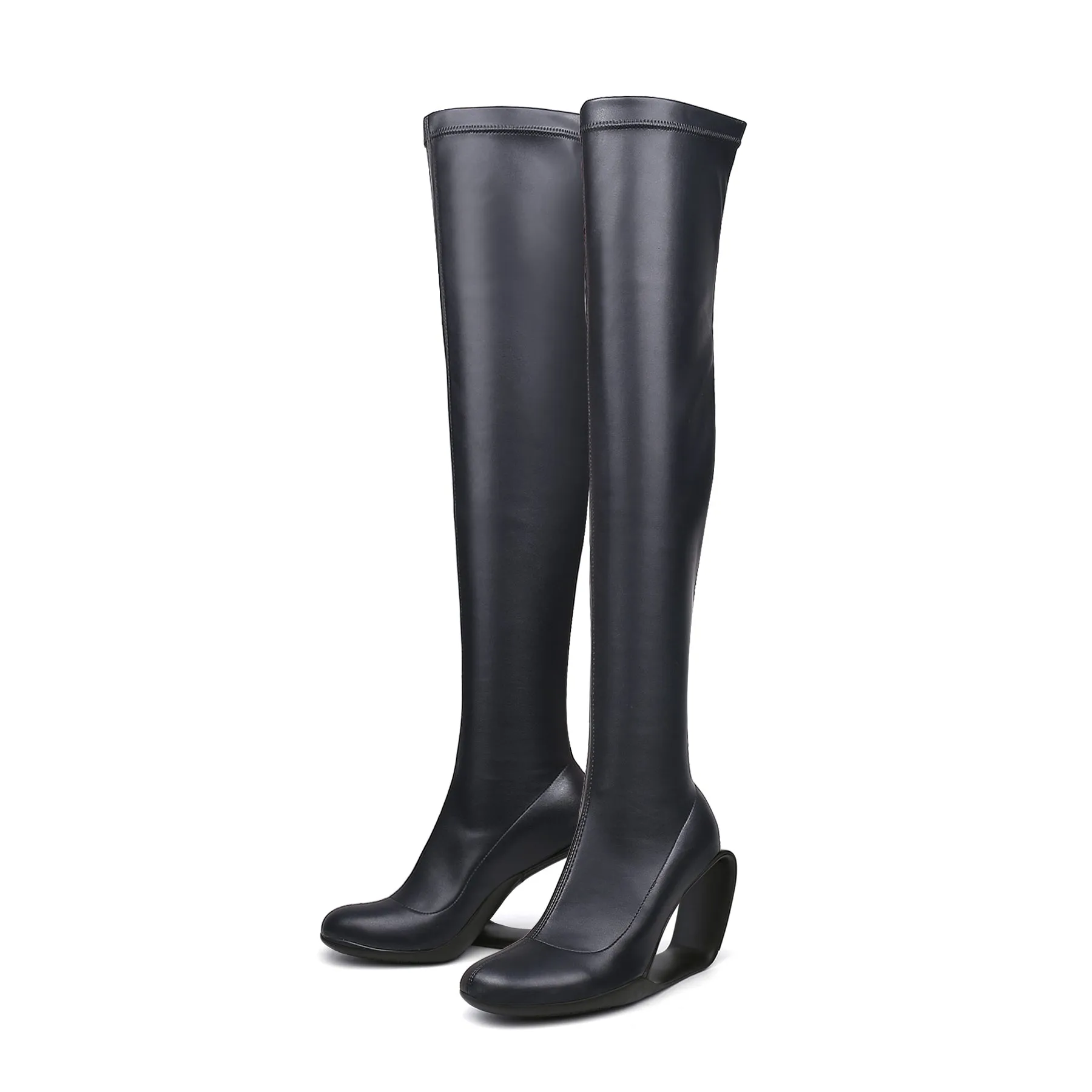 Hollow Wedge Black Knee High Boots