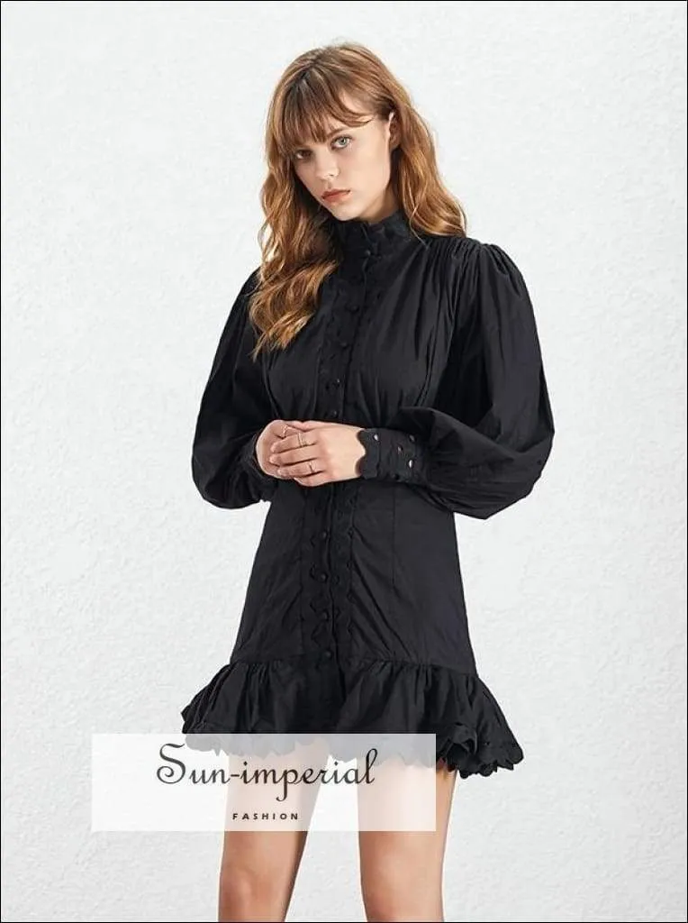 Isabel Dress - Casual Solid Lace Women Dress Stand Lantern Sleeve High Waist Button Mini Dress