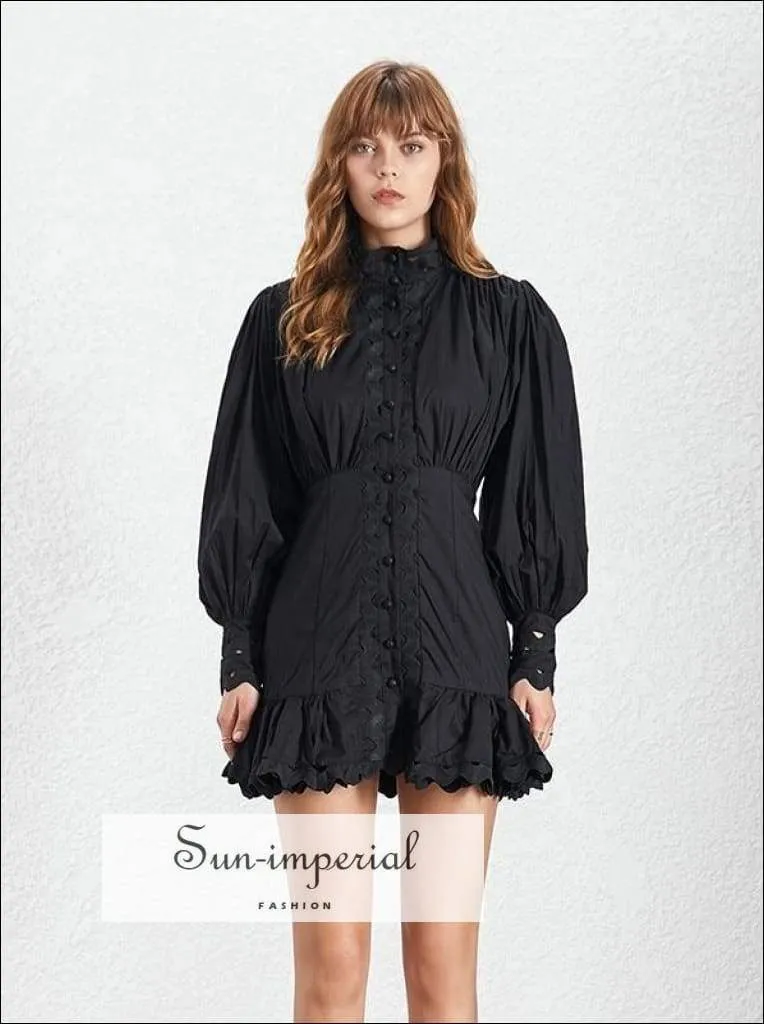 Isabel Dress - Casual Solid Lace Women Dress Stand Lantern Sleeve High Waist Button Mini Dress