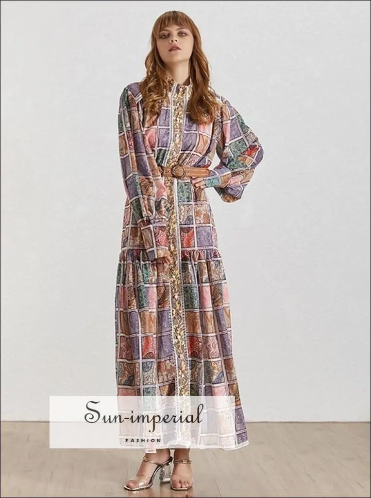 Jacqueline Dress- Vintage Floral Print Patchwork Lantern Sleeve High Waist Maxi Dress