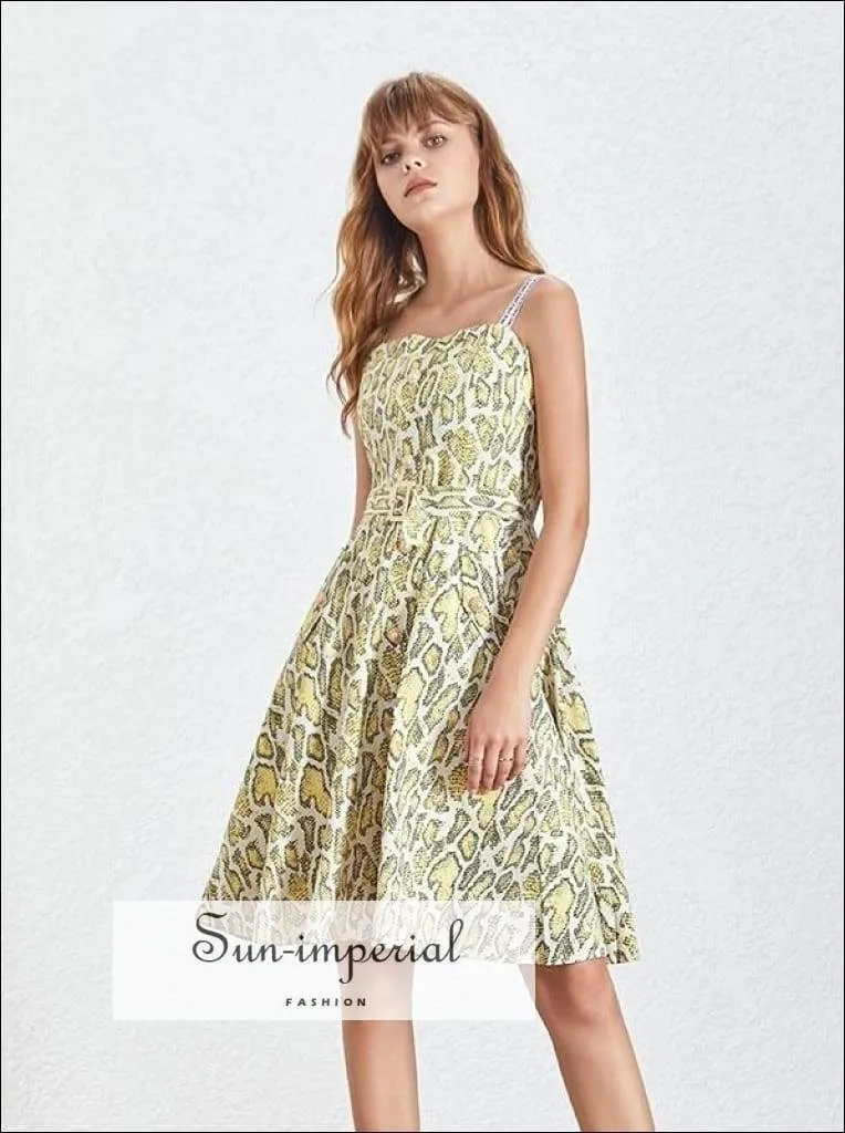 Janelle Dress in Yellow - Sleeveless Print Women Dress off Shoulder High Waist Knee Length