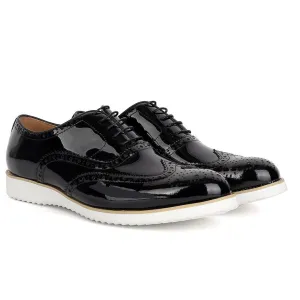 John Mendson Classic Men's Black Glossy Perforated Designed Shoe With Solid White Sole