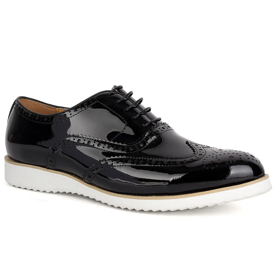 John Mendson Classic Men's Black Glossy Perforated Designed Shoe With Solid White Sole