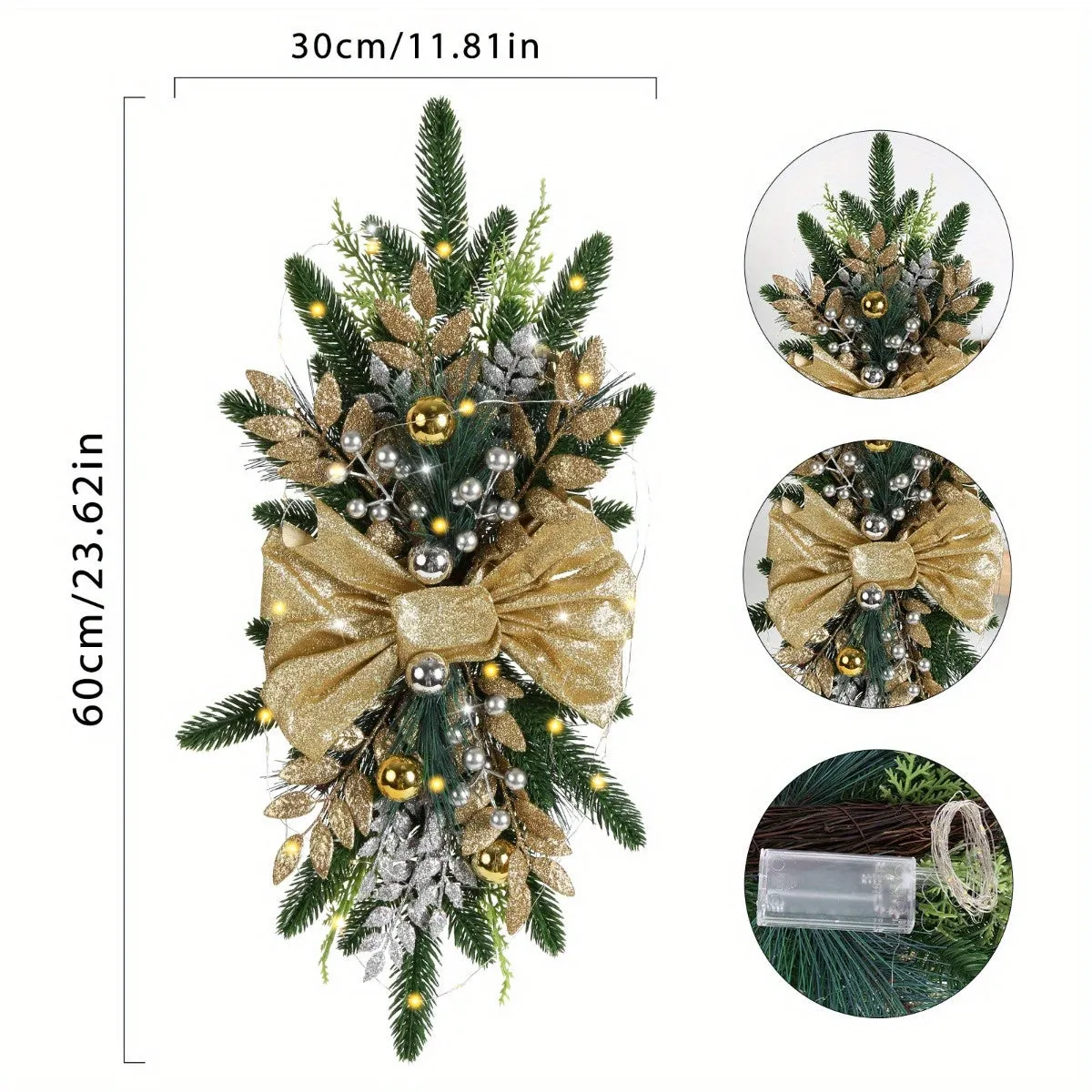 kkboxly 4 Pcs Artificial Christmas Teardrop Swags with Large Garland, Christmas Balls & Bow for Front Door Windows Wall Hanging Decor