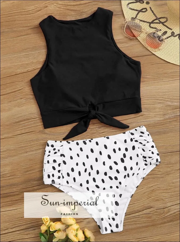 Knot front top with Dot High Waist Bikini Set - Black top Striped bottom