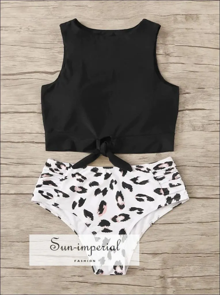 Knot front top with Dot High Waist Bikini Set - Black top Striped bottom