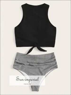 Knot front top with Dot High Waist Bikini Set - Black top Striped bottom