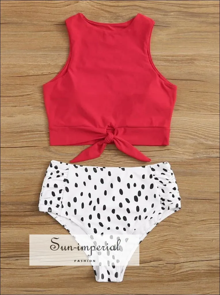 Knot front top with Dot High Waist Bikini Set - Wine Red top White with Black Dot bottom