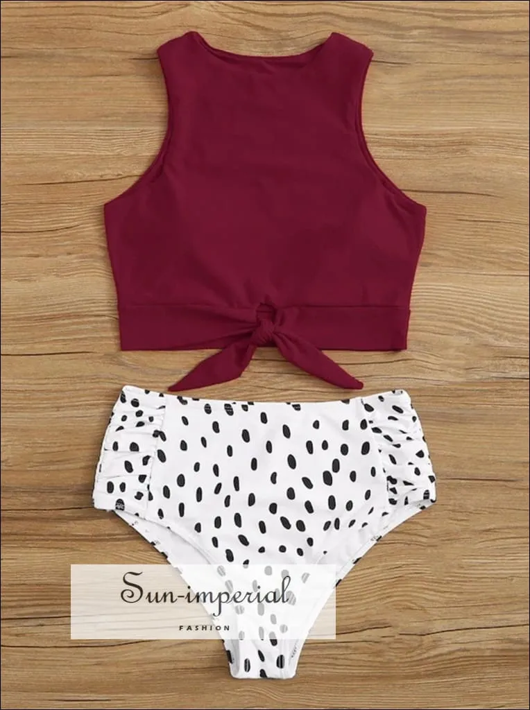 Knot front top with Dot High Waist Bikini Set - Wine Red top White with Black Dot bottom