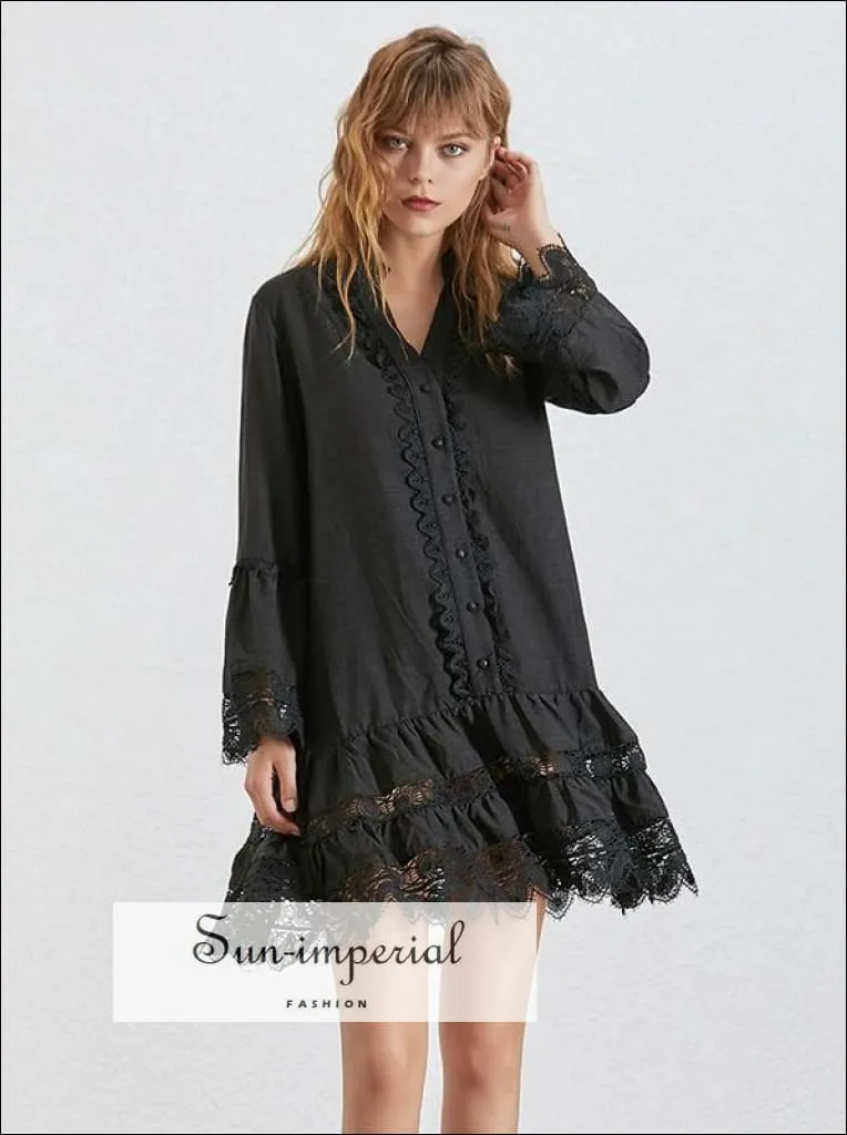 Korean Dress- Women Flare Sleeve O Neck Button Lace Patchwork Dresses Female Fashion Fashion new