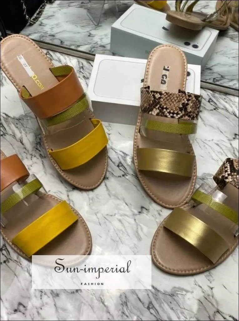 Leopard Double Band Flat Slide Sandals - Yellow