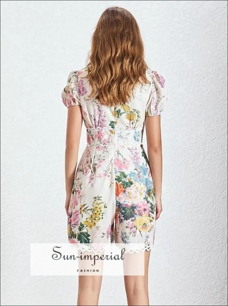 Lia Romper - Women Short Sleeve Floral Short Romper V Neck