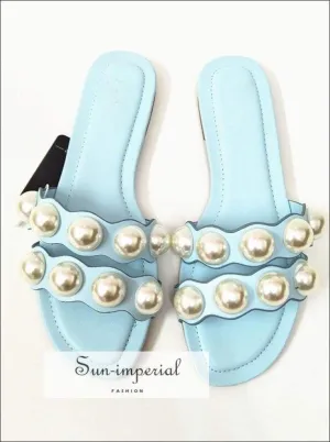 Light Blue Double Band Pearl Flats Sandals Casual Beach Slide Flip Flops Slippers