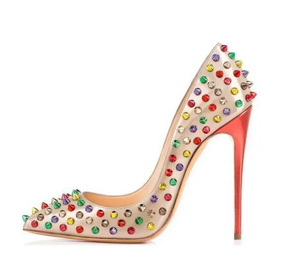 Light Gold Colorful Bejeweled Riveted High Heel Pumps