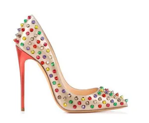 Light Gold Colorful Bejeweled Riveted High Heel Pumps