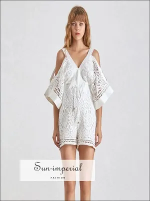 Limoges Romper - White Lace Short V Neck Cold Shoulder Backless High Waist Jumpsuit