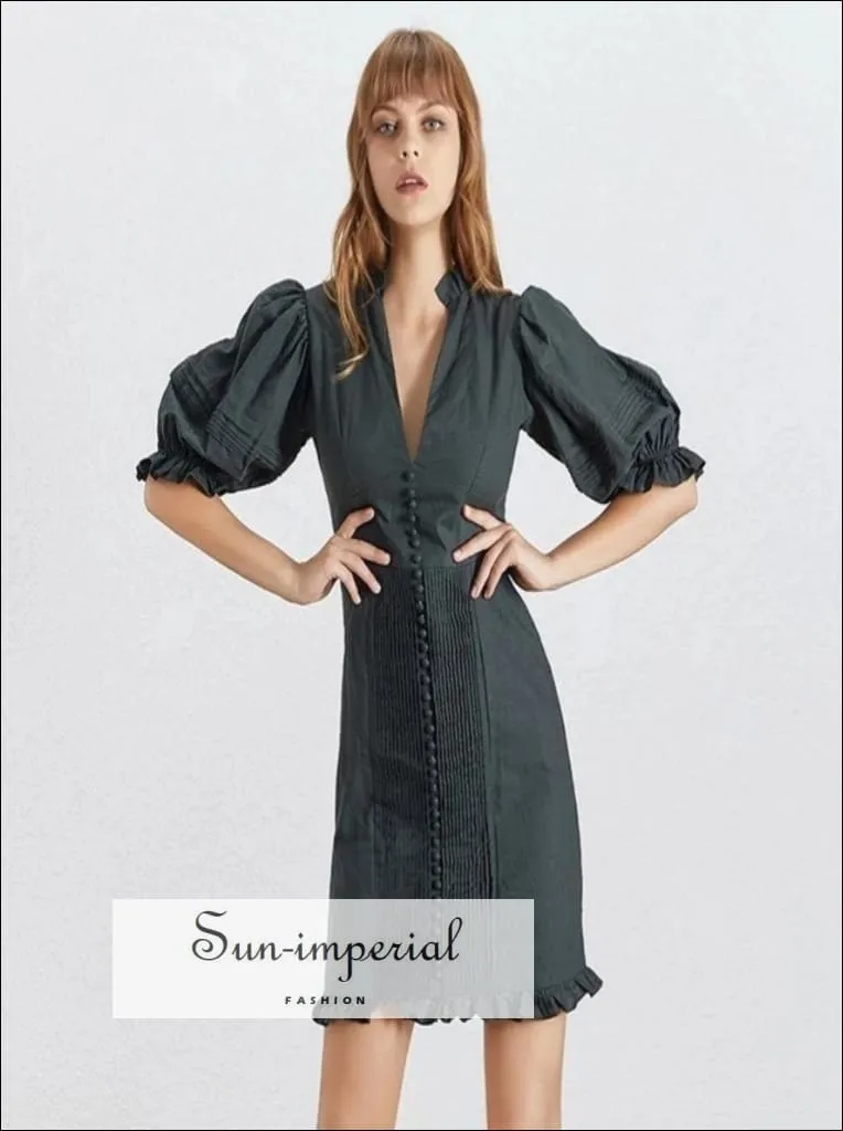 Liron Dress- Vintage Solid Women Dress V Neck Puff Sleeve High Waist Button Slim Mini Dress