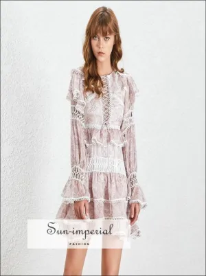 Los Angeles Dress -white Vintage Lace Sheer Women Mini A-line Ruffles Flare Long Sleeve Dress