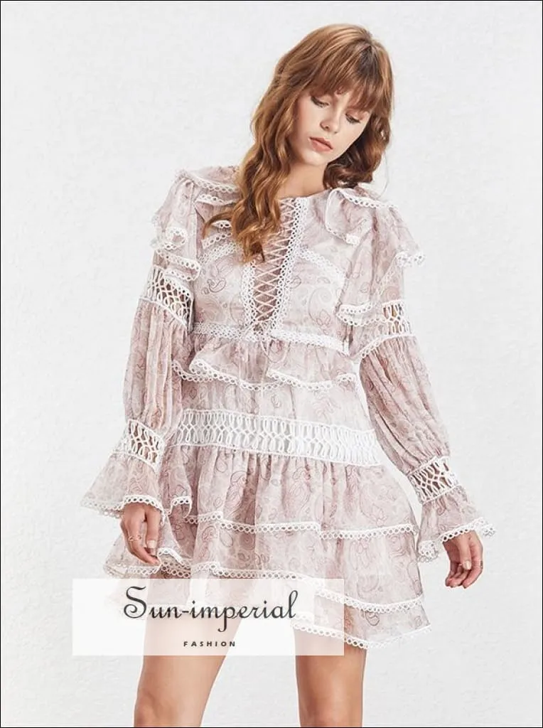 Los Angeles Dress -white Vintage Lace Sheer Women Mini A-line Ruffles Flare Long Sleeve Dress