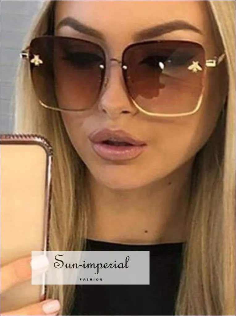 Luxury Square Bee Sunglasses Women Vintage Metal Frame Oversized Sun Glasses Female Gradient Shades