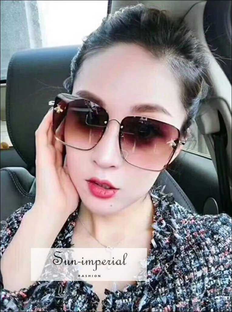 Luxury Square Bee Sunglasses Women Vintage Metal Frame Oversized Sun Glasses Female Grandient Shades