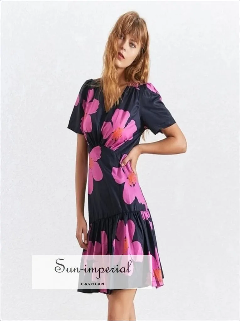 Maine Dress - Casual Flower Print Mini Dress for Women V Neck Short Sleeve High Waist Slim Mini