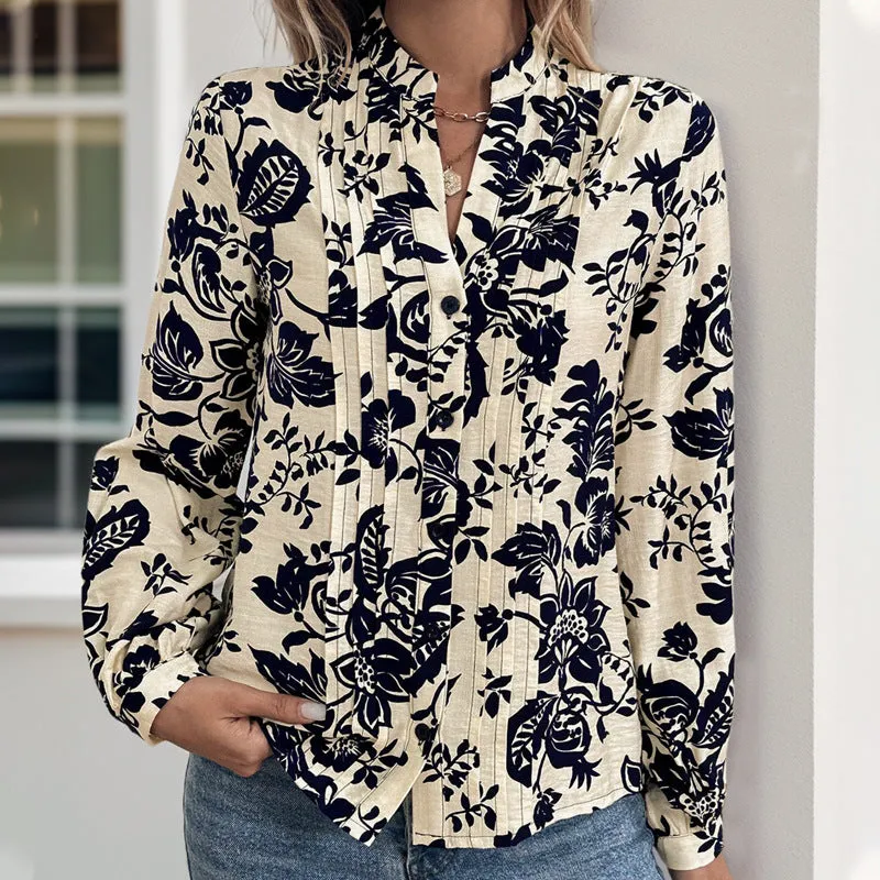 METAVERSMALL 2025 autumn new retro printed shirt small stand-up collar temperament elegant shirt top women