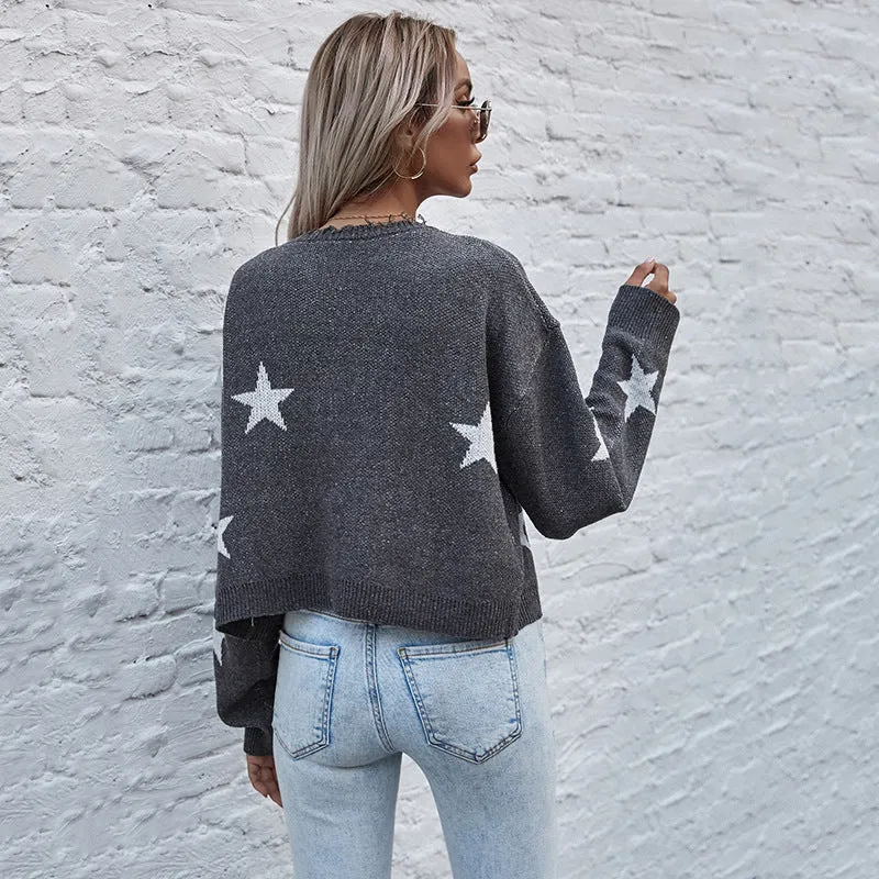 METAVERSMALL 2025 women's clothing 2023 autumn and winter cardigan long-sleeved five-pointed star jacquard knitted short sweater jacket