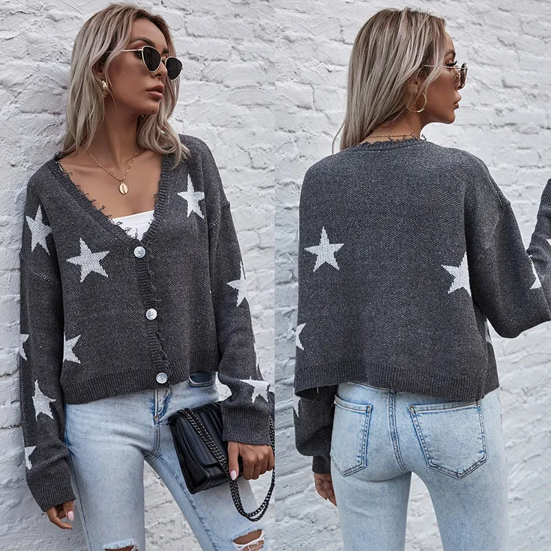 METAVERSMALL 2025 women's clothing 2023 autumn and winter cardigan long-sleeved five-pointed star jacquard knitted short sweater jacket