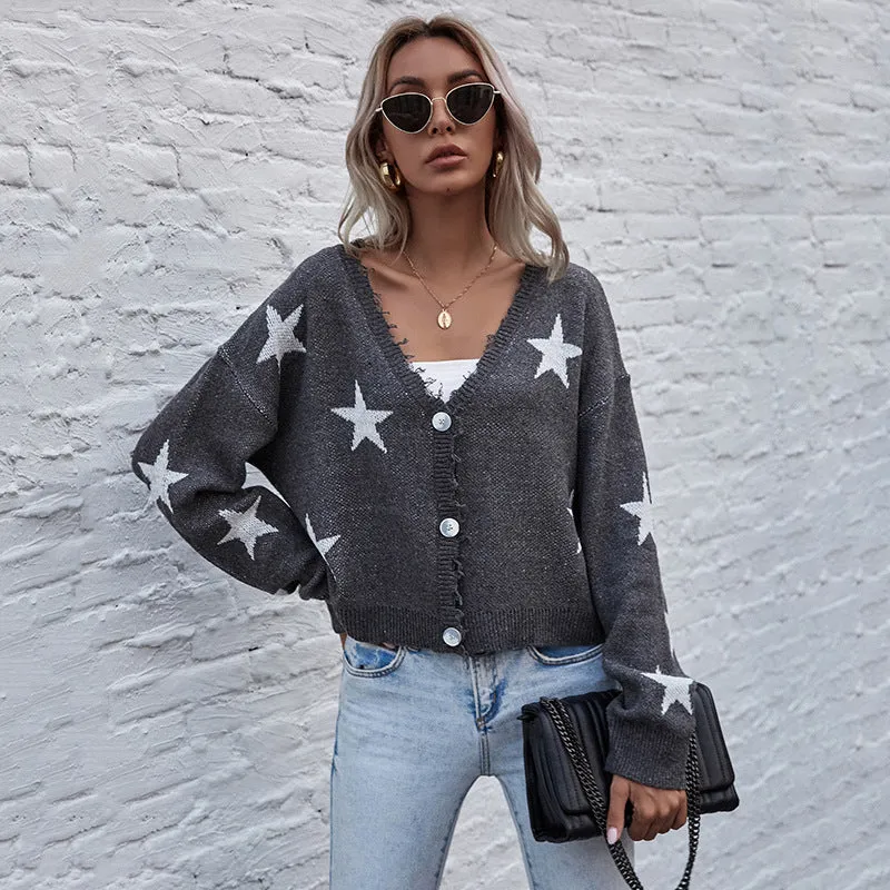 METAVERSMALL 2025 women's clothing 2023 autumn and winter cardigan long-sleeved five-pointed star jacquard knitted short sweater jacket