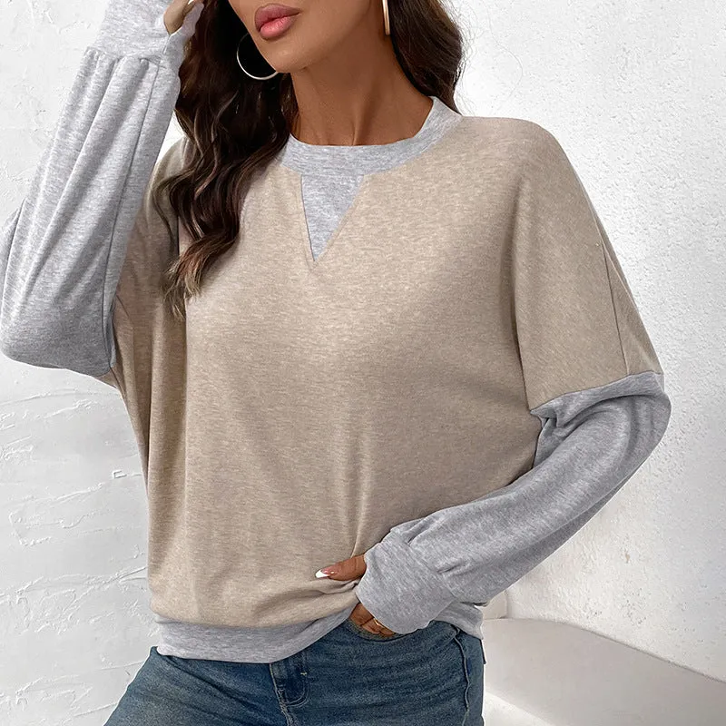 METAVERSMALL 2025  women's clothing autumn and winter round neck contrasting color splicing sweater casual versatile loose T-shirt top women