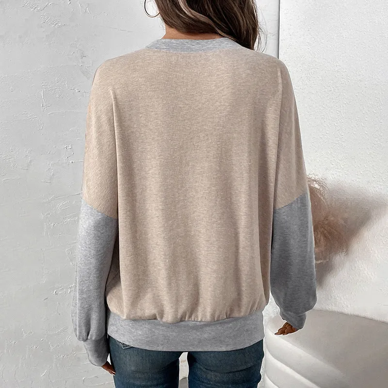 METAVERSMALL 2025  women's clothing autumn and winter round neck contrasting color splicing sweater casual versatile loose T-shirt top women