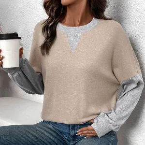 METAVERSMALL 2025  women's clothing autumn and winter round neck contrasting color splicing sweater casual versatile loose T-shirt top women