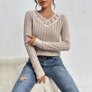 METAVERSMALL New autumn new product pullover slim T-shirt lace splicing V-neck texture pit strip knitted top