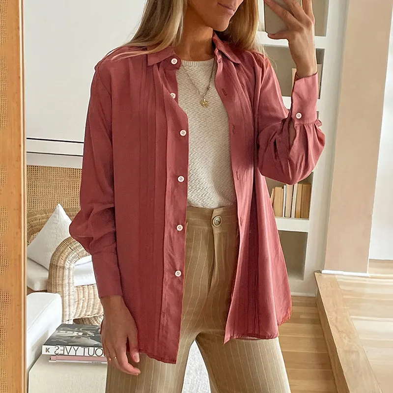 METAVERSMALL solid color simple basic shirt 2025 foreign trade casual button cardigan shirt top women