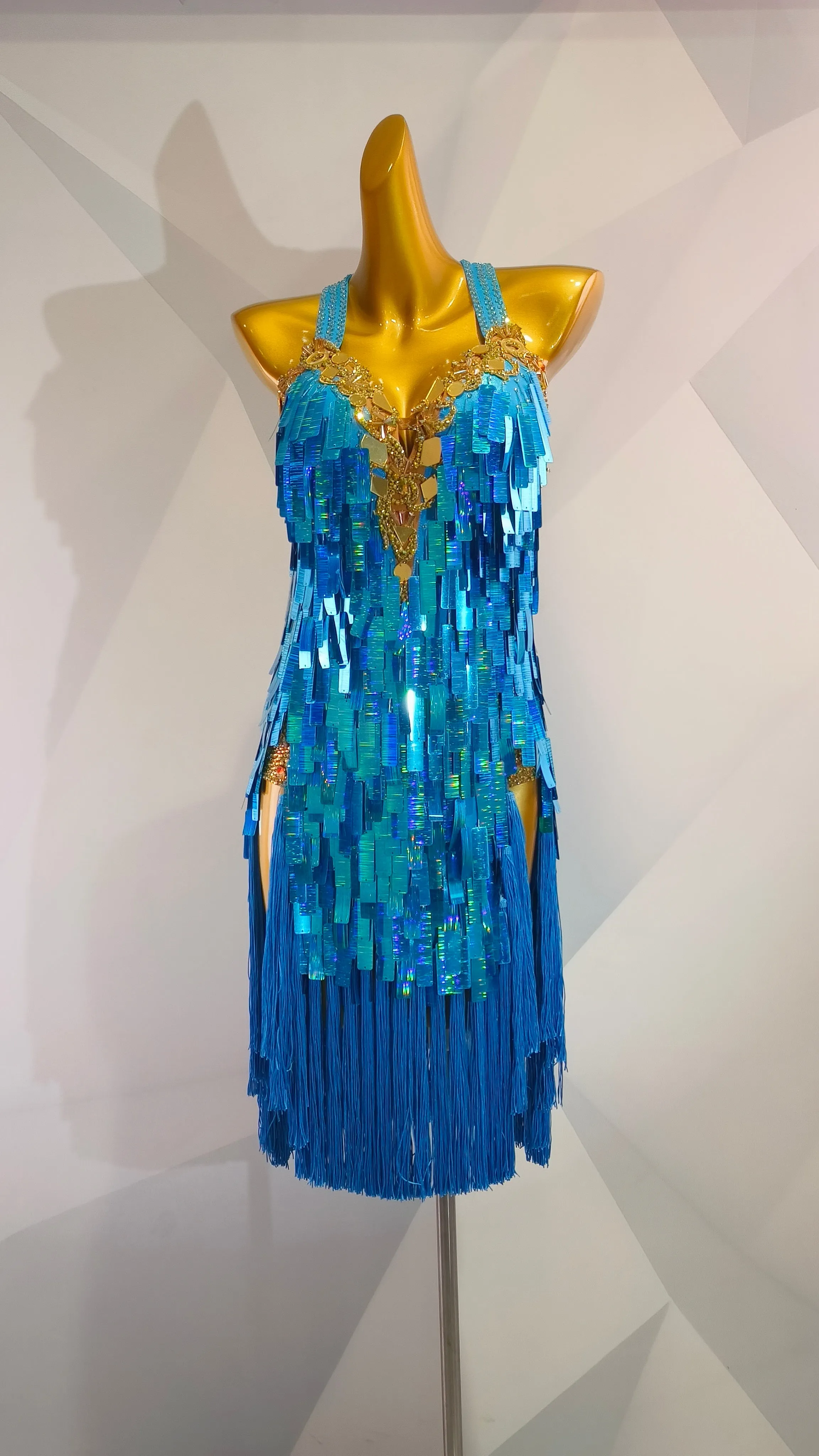 MINEJAS.L007F Gold and  Blue Sequins  Fringe Dress